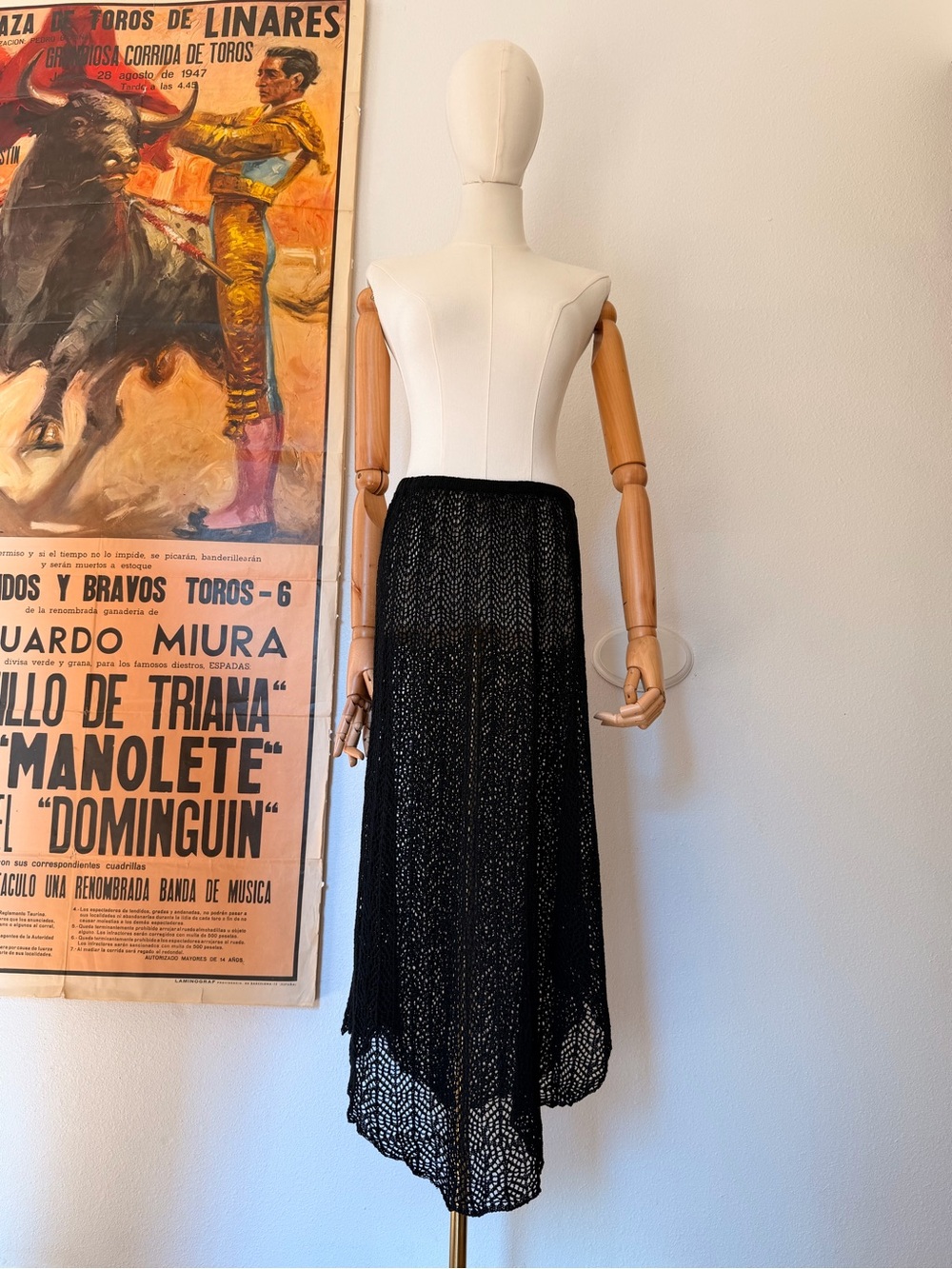 Vintage HARARI Crochet Knit Pull-On Midi A-Line Skirt Solid Cotton L